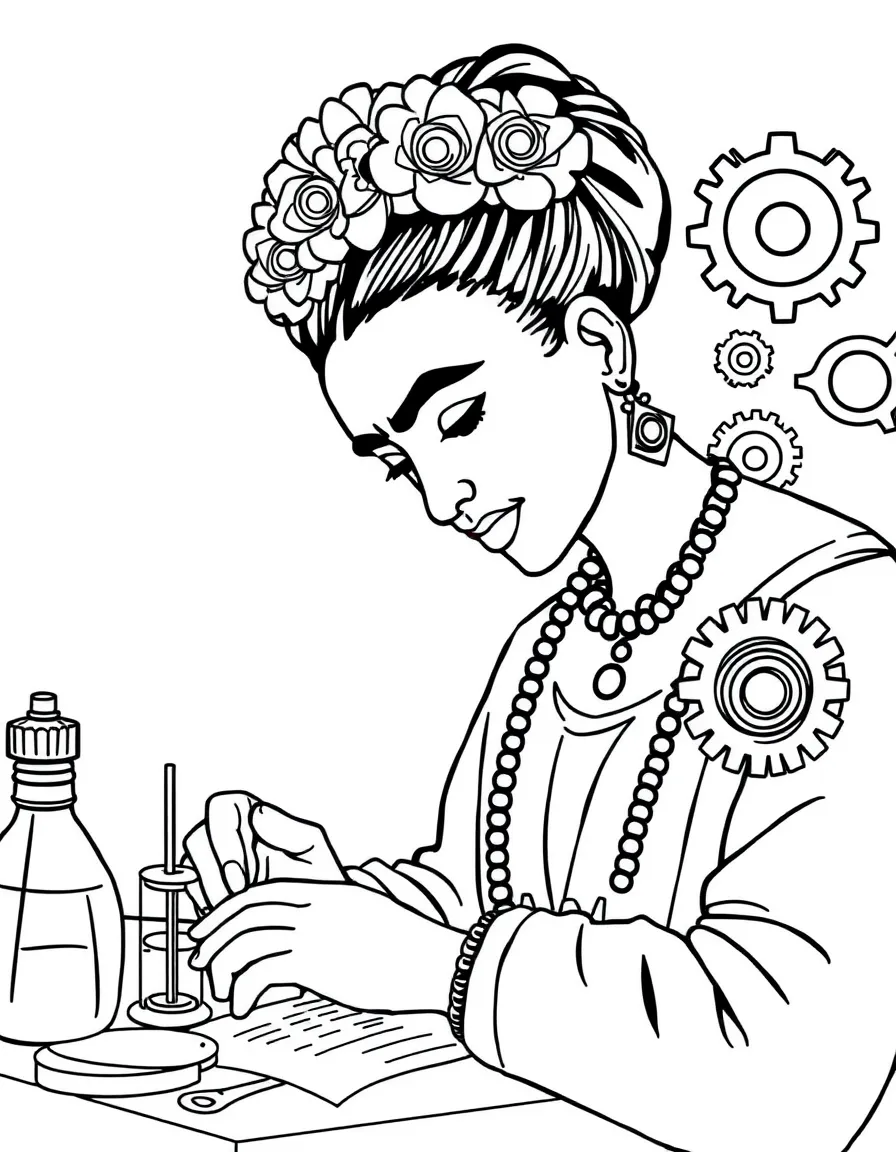 Frida Kahlo working on their famous invention or idea, with gears, papers, or lab equipment drawn simply.