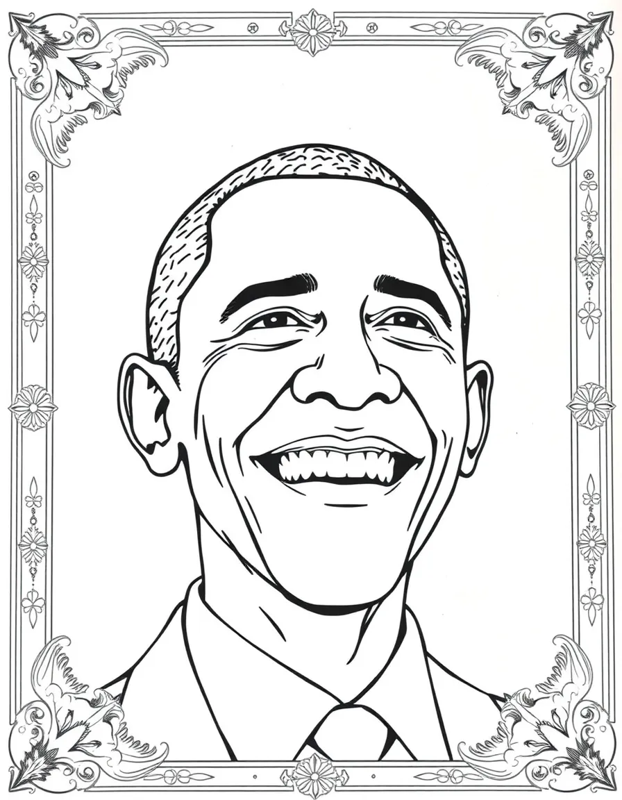 A portrait of Barack Obama with a big smile, framed with decorative borders and symbols of their time period.