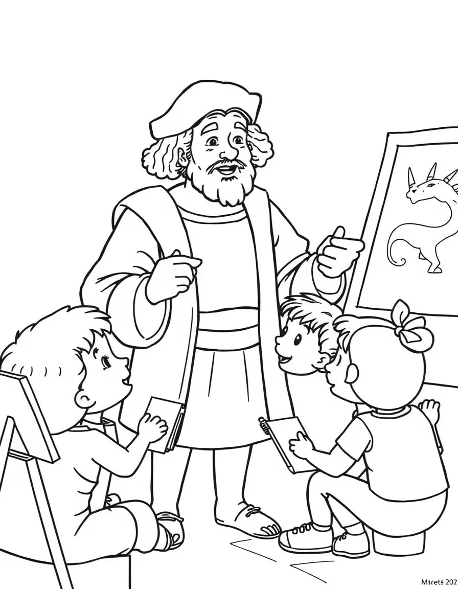 Christopher Columbus teaching children, with educational items like chalkboards and pencils, in a friendly classroom scene.