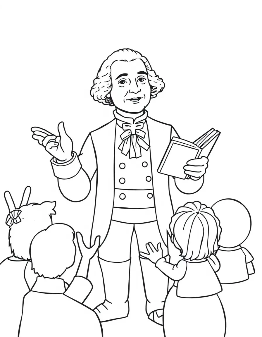 A fun coloring page of George Washington giving a speech to children with books and peace signs around.