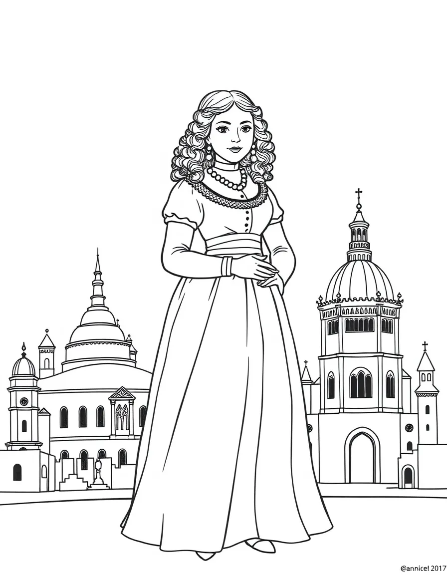 Ada Lovelace standing proudly with historical landmarks in the background, drawn with clear bold lines for coloring.