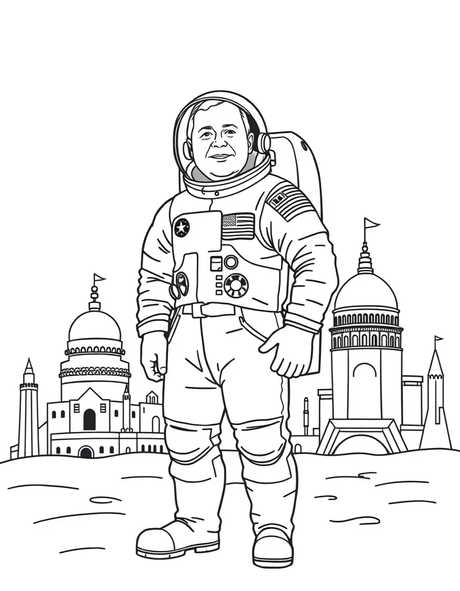 Neil Armstrong standing proudly with historical landmarks in the background, drawn with clear bold lines for coloring.