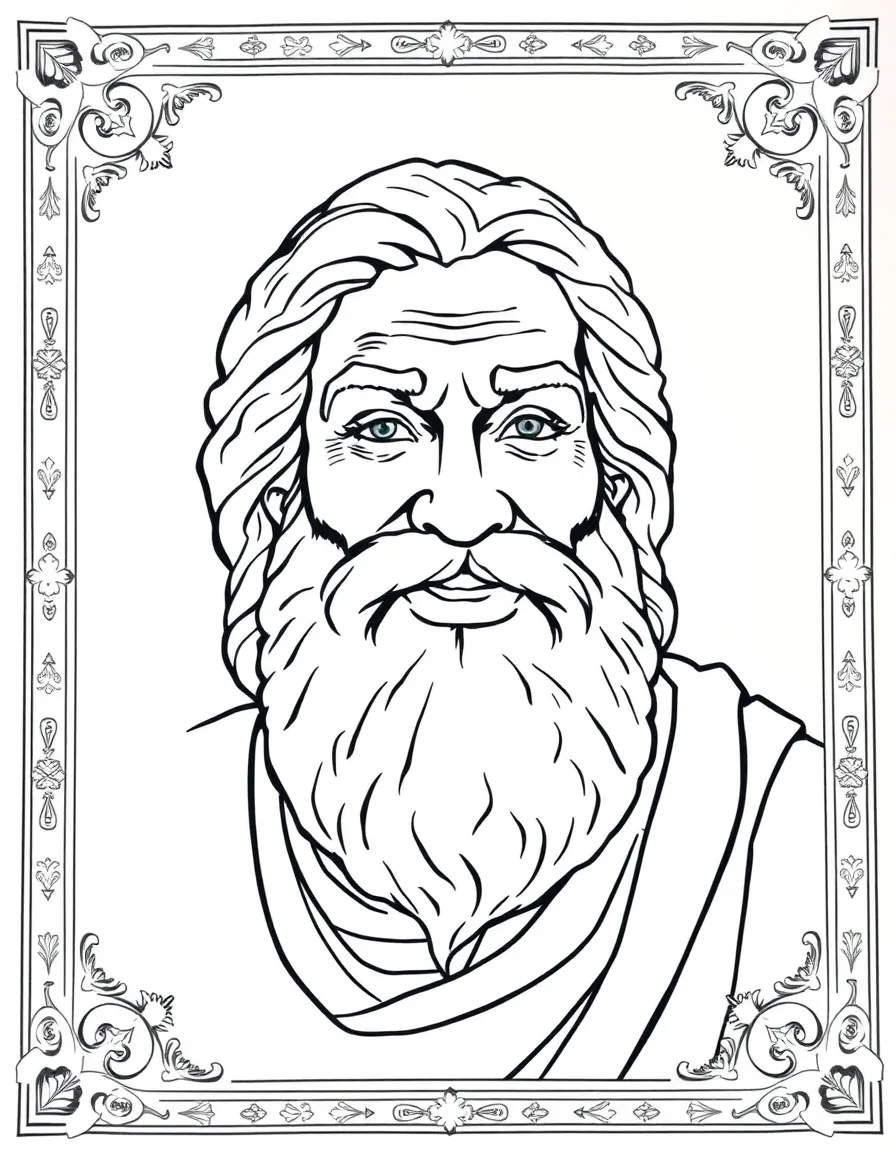 A portrait of Socrates with a big smile, framed with decorative borders and symbols of their time period.