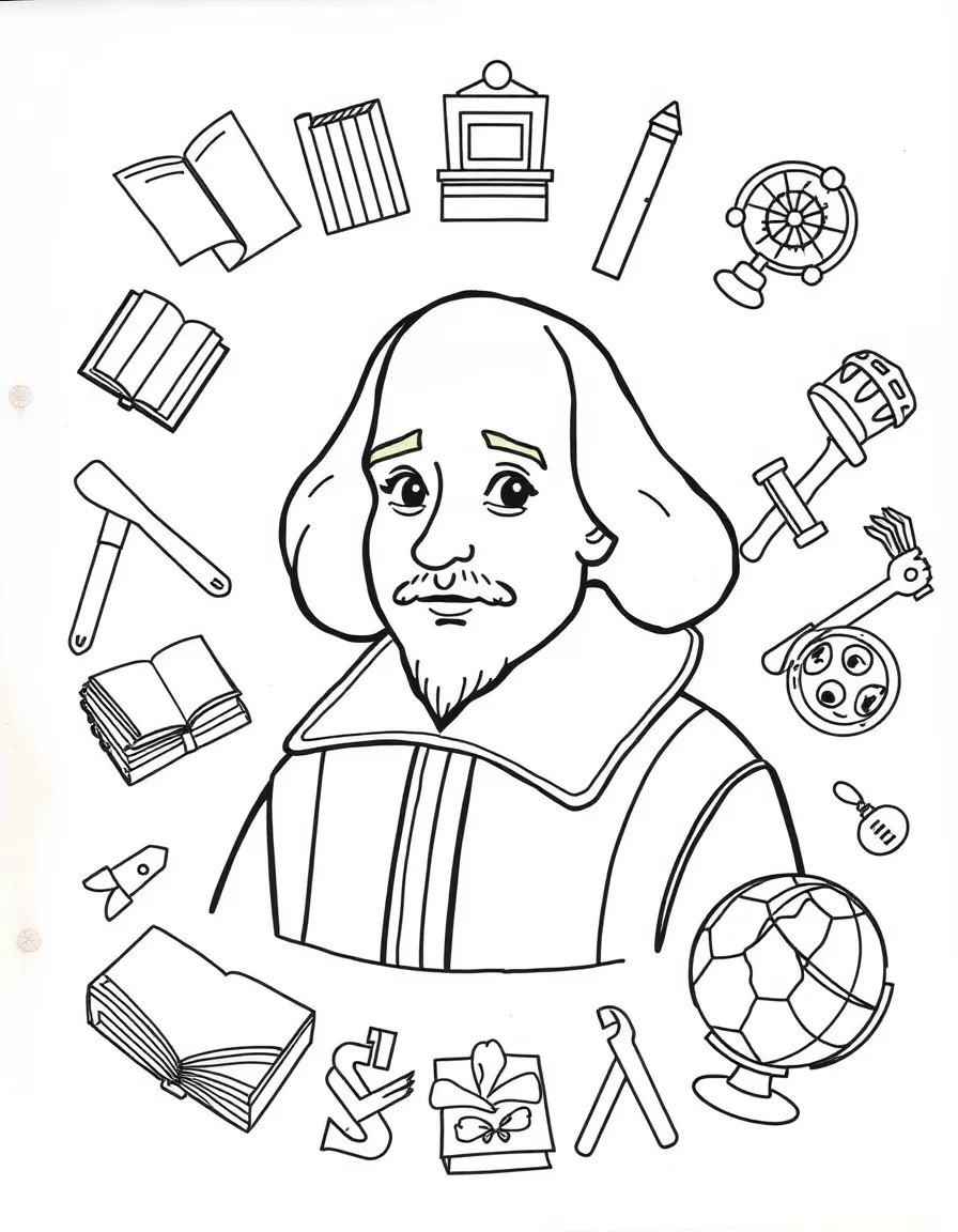 A cartoon-style drawing of William Shakespeare surrounded by symbols of their achievements, like books, tools, or globes.