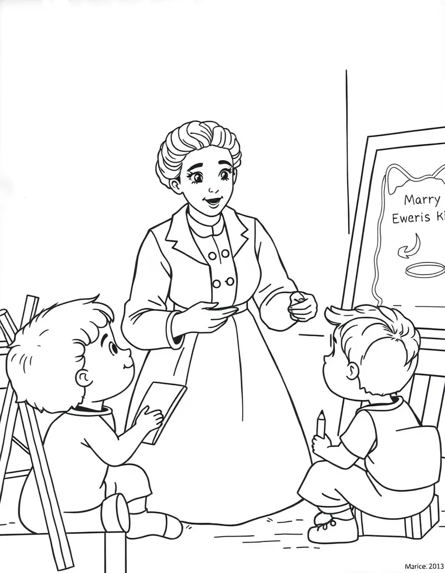 Marie Curie teaching children, with educational items like chalkboards and pencils, in a friendly classroom scene.
