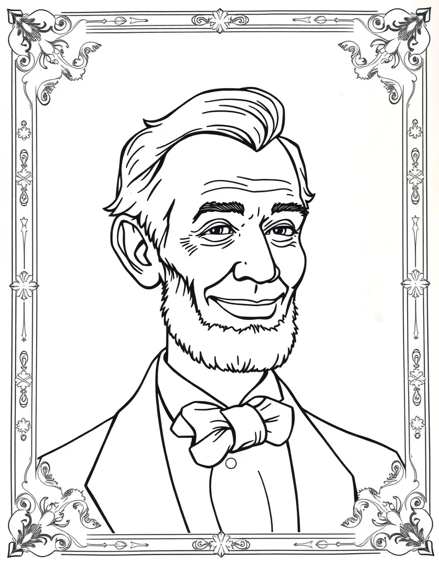 A portrait of Abraham Lincoln with a big smile, framed with decorative borders and symbols of their time period.