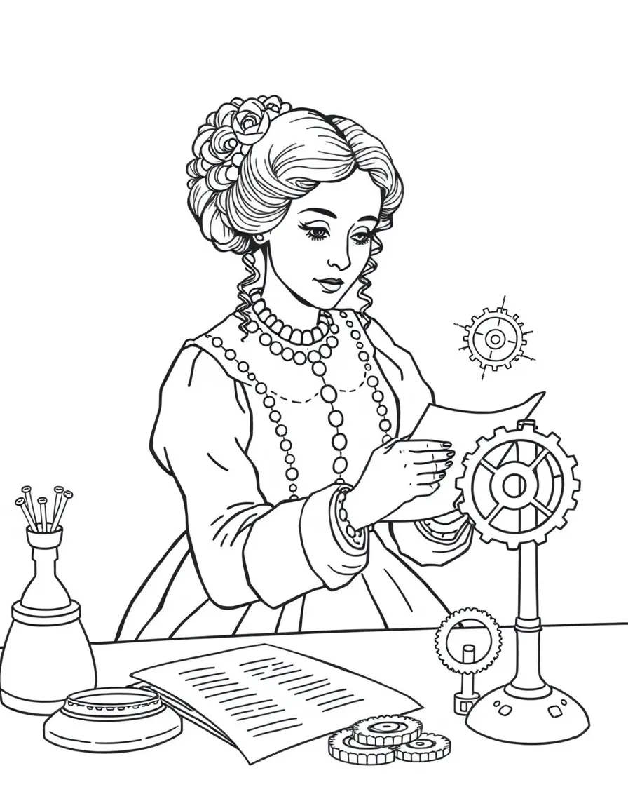 Ada Lovelace working on their famous invention or idea, with gears, papers, or lab equipment drawn simply.