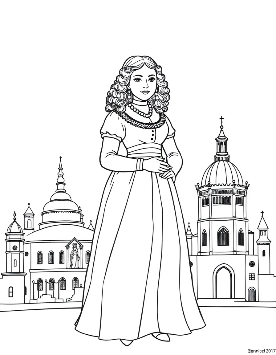 Ada Lovelace standing proudly with historical landmarks in the background, drawn with clear bold lines for coloring.