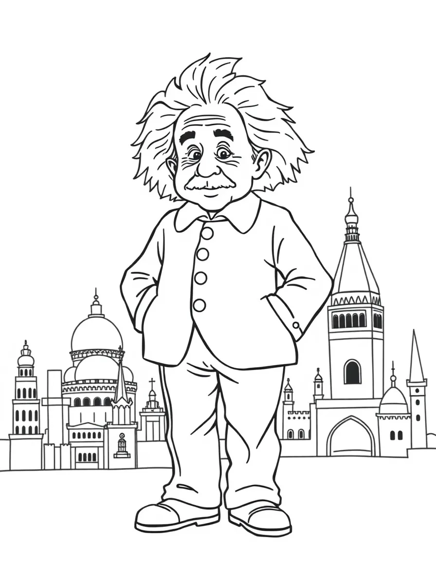 Albert Einstein standing proudly with historical landmarks in the background, drawn with clear bold lines for coloring.