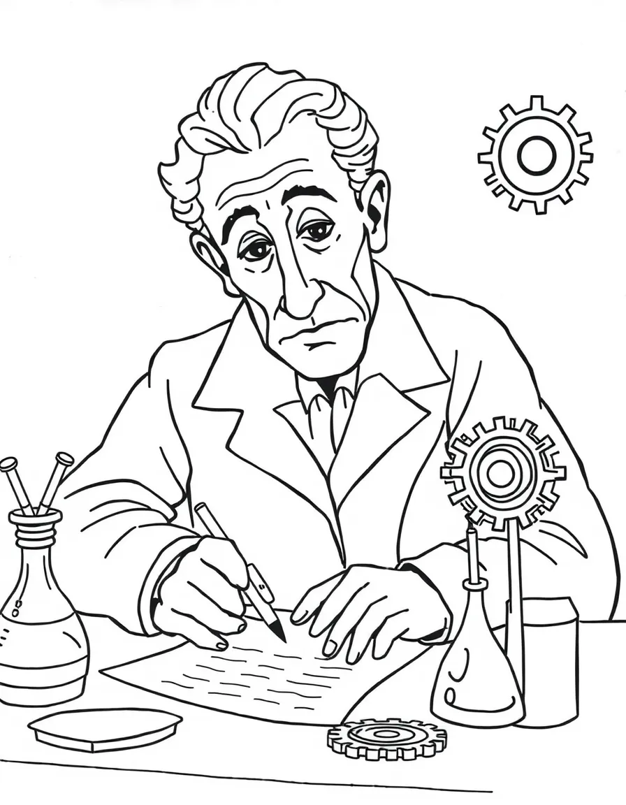 Pablo Picasso working on their famous invention or idea, with gears, papers, or lab equipment drawn simply.