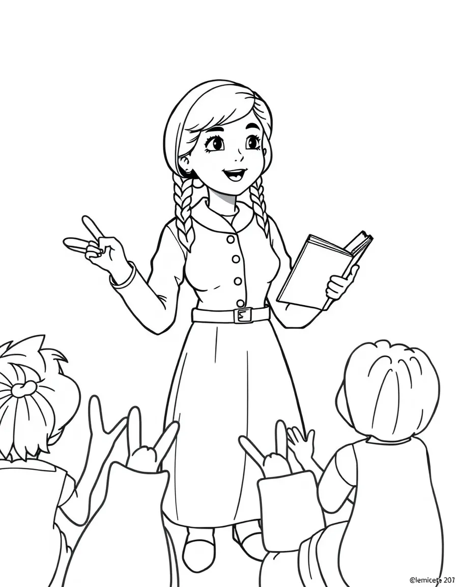 A fun coloring page of Amelia Earhart giving a speech to children with books and peace signs around.