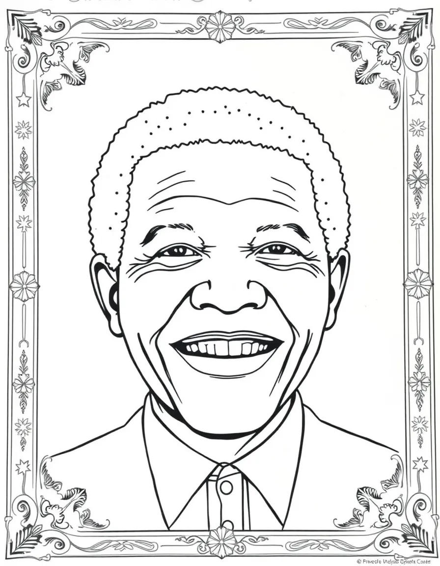 A portrait of Nelson Mandela with a big smile, framed with decorative borders and symbols of their time period.