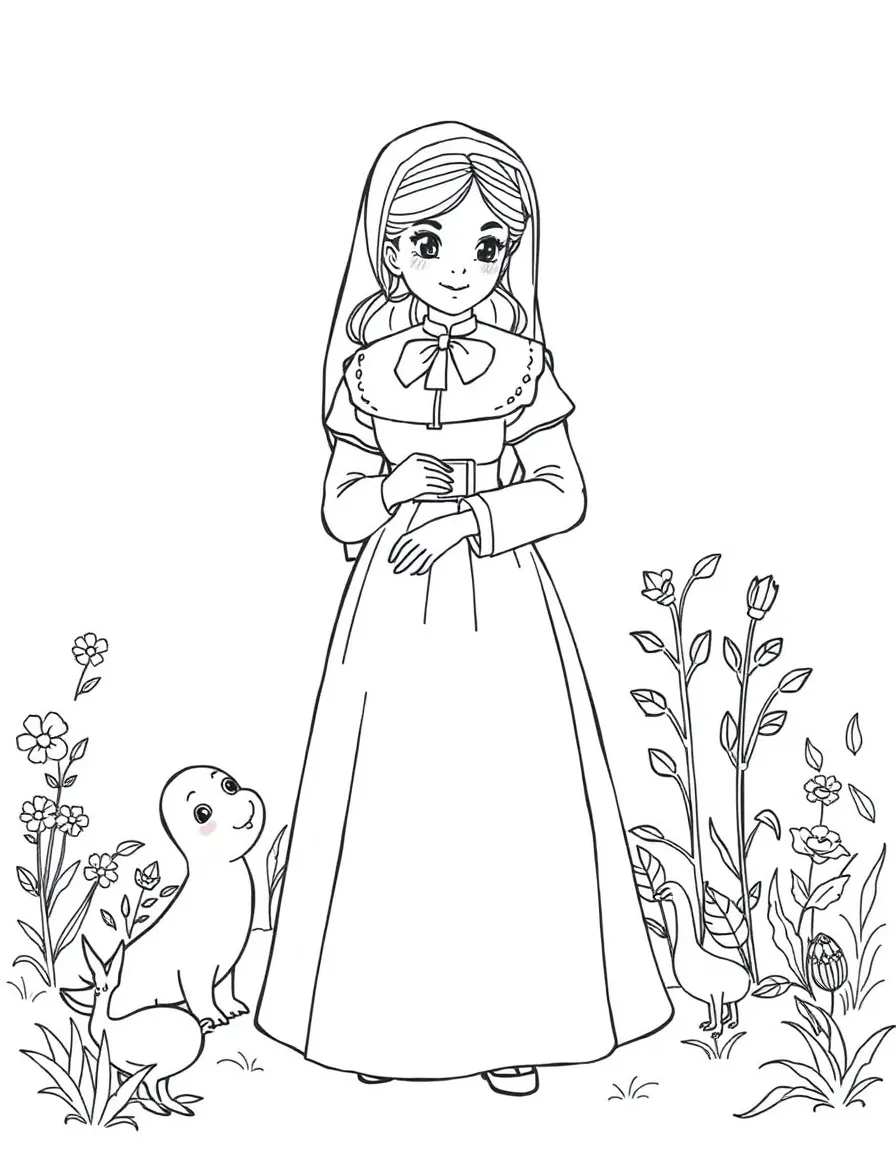 A playful scene showing Florence Nightingale in a historical outfit with animals, plants, or kids nearby.
