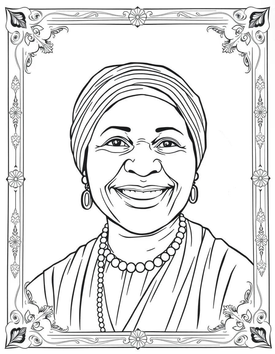 A portrait of Harriet Tubman with a big smile, framed with decorative borders and symbols of their time period.