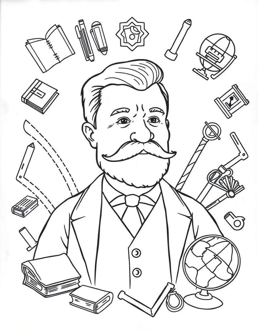 A cartoon-style drawing of Theodore Roosevelt surrounded by symbols of their achievements, like books, tools, or globes.