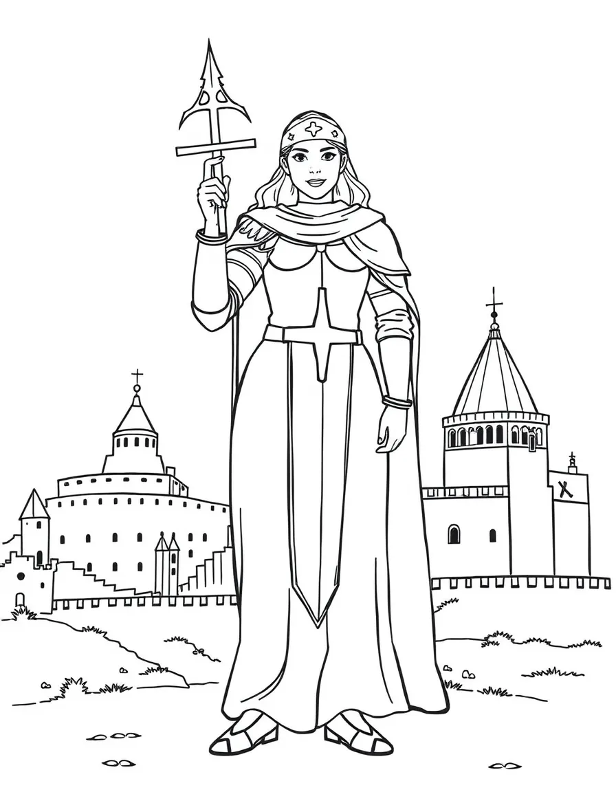 Joan of Arc standing proudly with historical landmarks in the background, drawn with clear bold lines for coloring.