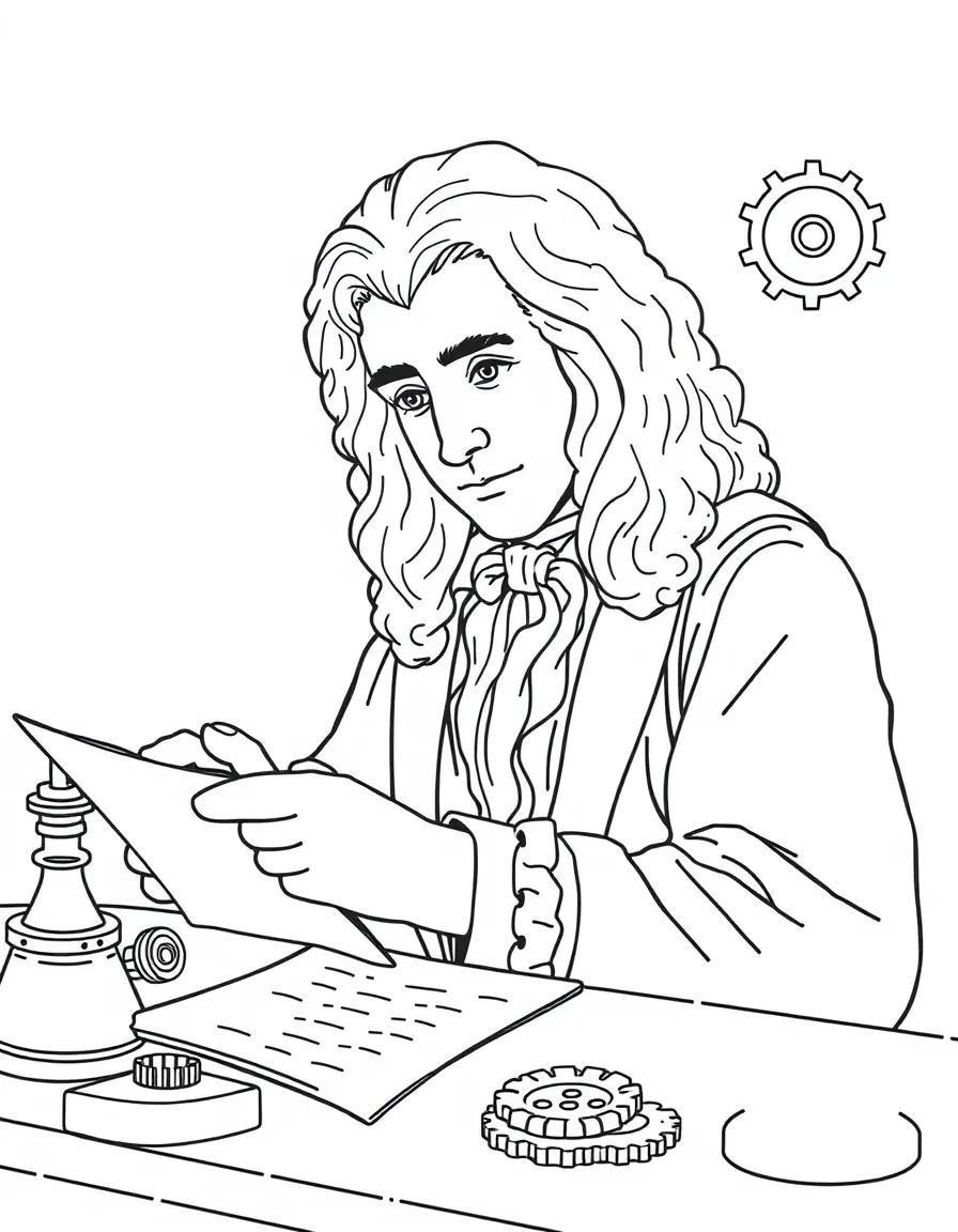 Isaac Newton working on their famous invention or idea, with gears, papers, or lab equipment drawn simply.