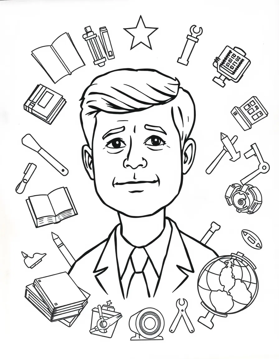 A cartoon-style drawing of John F. Kennedy surrounded by symbols of their achievements, like books, tools, or globes.