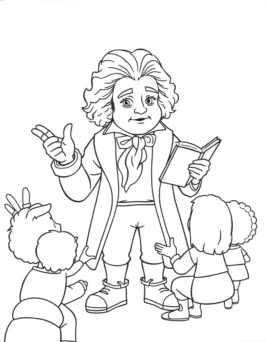 A fun coloring page of Beethoven giving a speech to children with books and peace signs around.