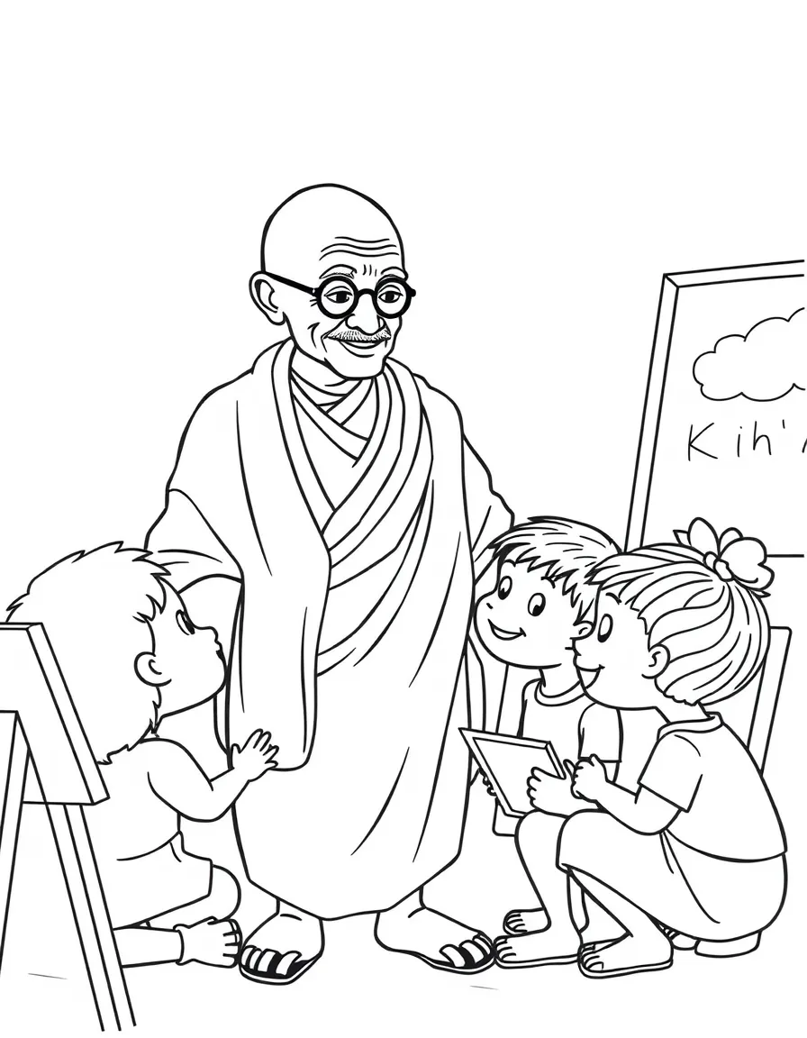 Mahatma Gandhi teaching children, with educational items like chalkboards and pencils, in a friendly classroom scene.