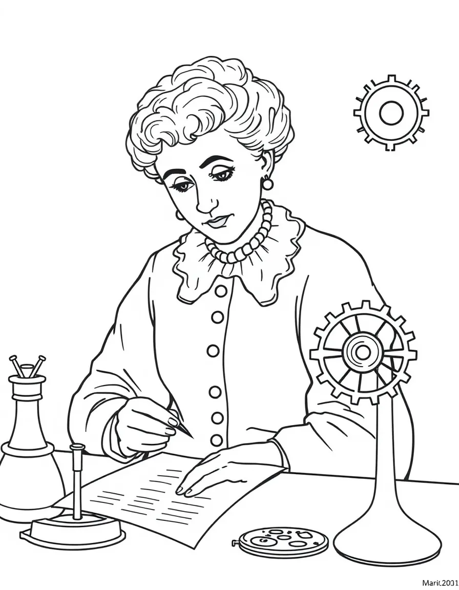 Marie Curie working on their famous invention or idea, with gears, papers, or lab equipment drawn simply.