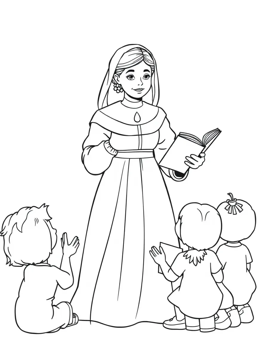 A fun coloring page of Florence Nightingale giving a speech to children with books and peace signs around.