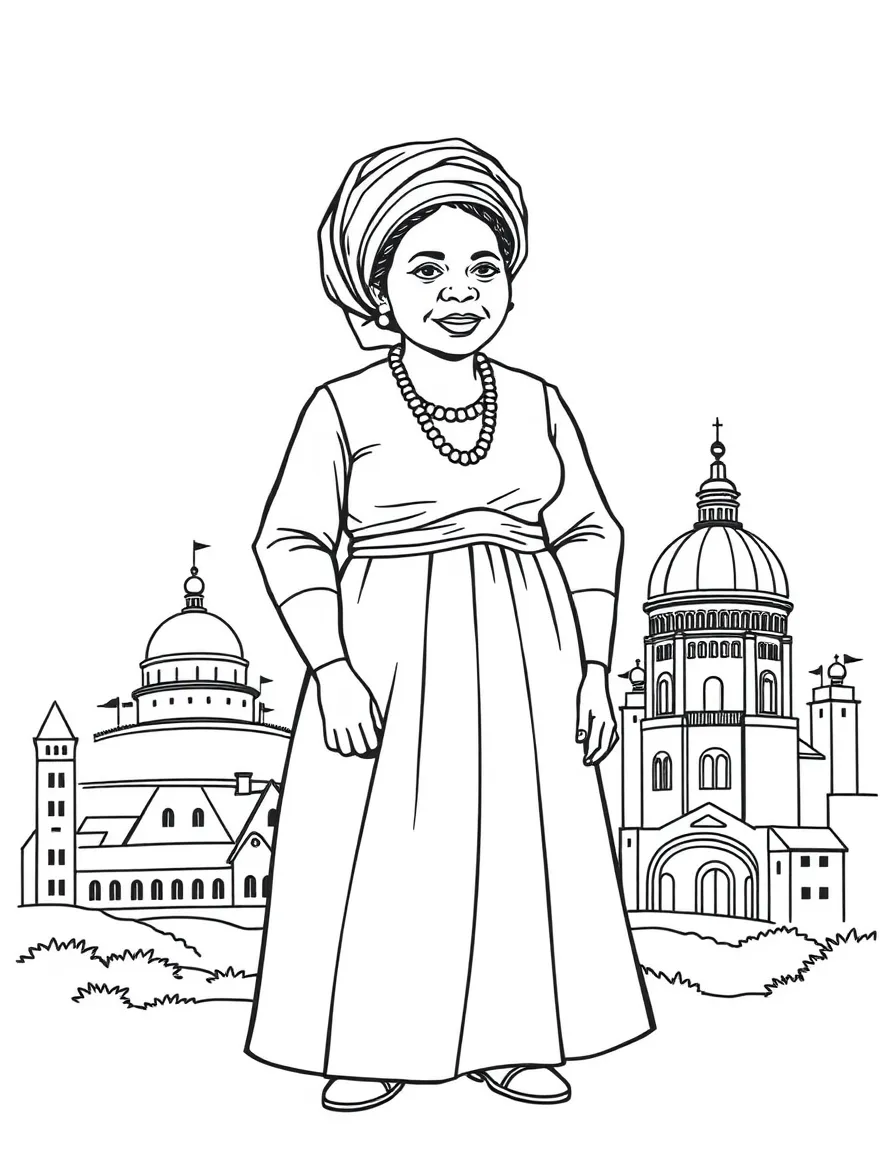 Harriet Tubman standing proudly with historical landmarks in the background, drawn with clear bold lines for coloring.