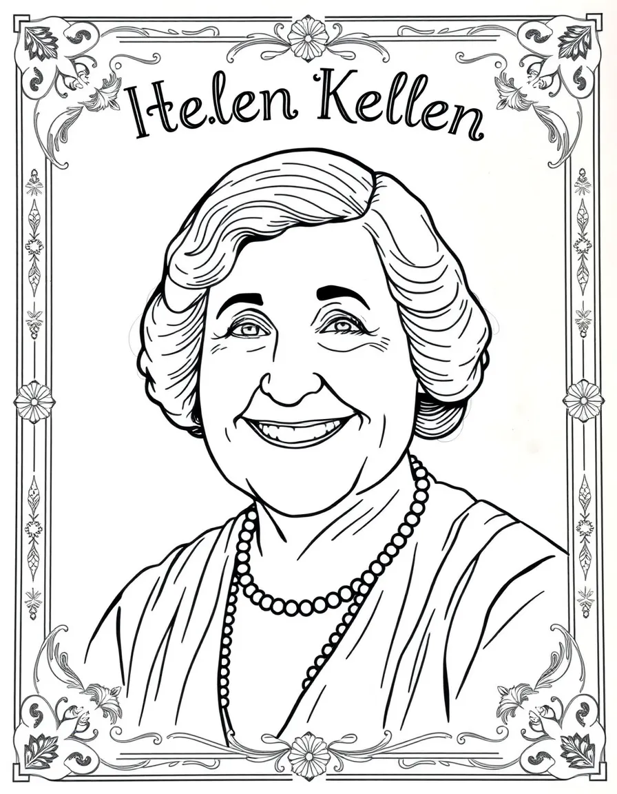A portrait of Helen Keller with a big smile, framed with decorative borders and symbols of their time period.