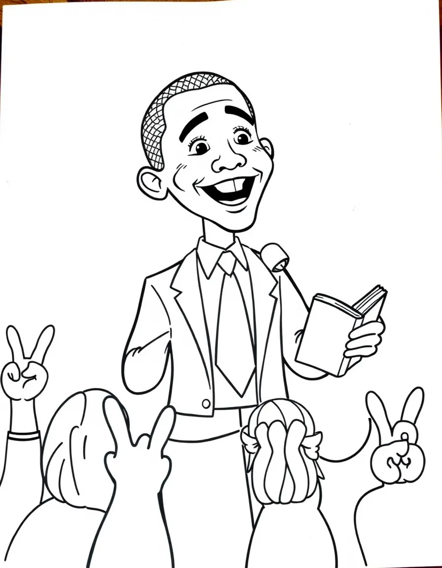 A fun coloring page of Barack Obama giving a speech to children with books and peace signs around.