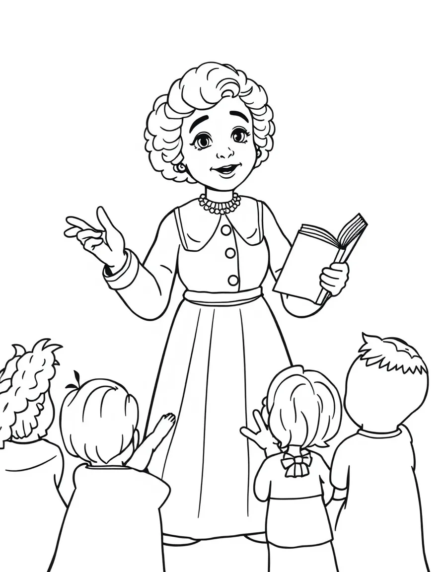 A fun coloring page of Marie Curie giving a speech to children with books and peace signs around.