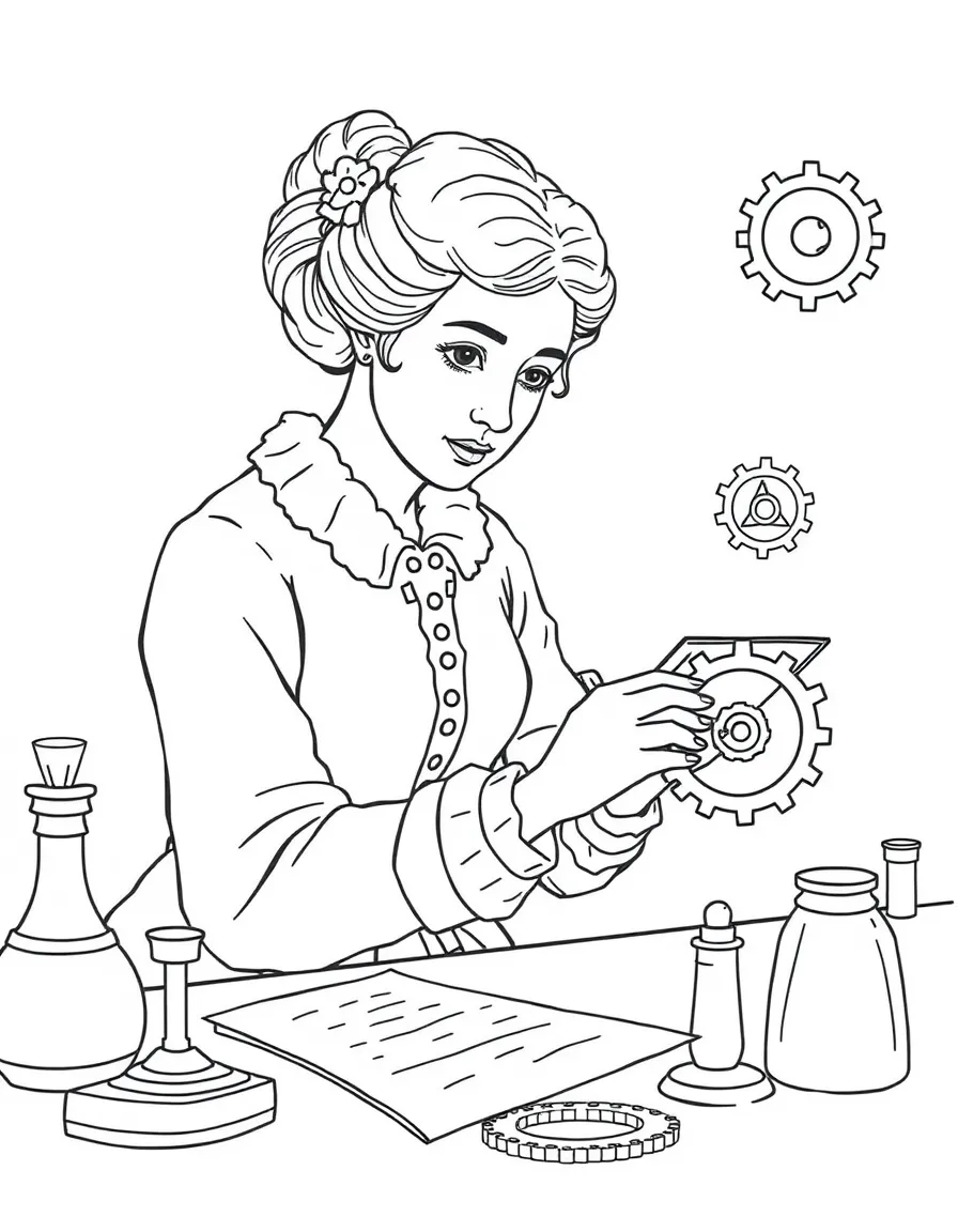 Jane Austen working on their famous invention or idea, with gears, papers, or lab equipment drawn simply.