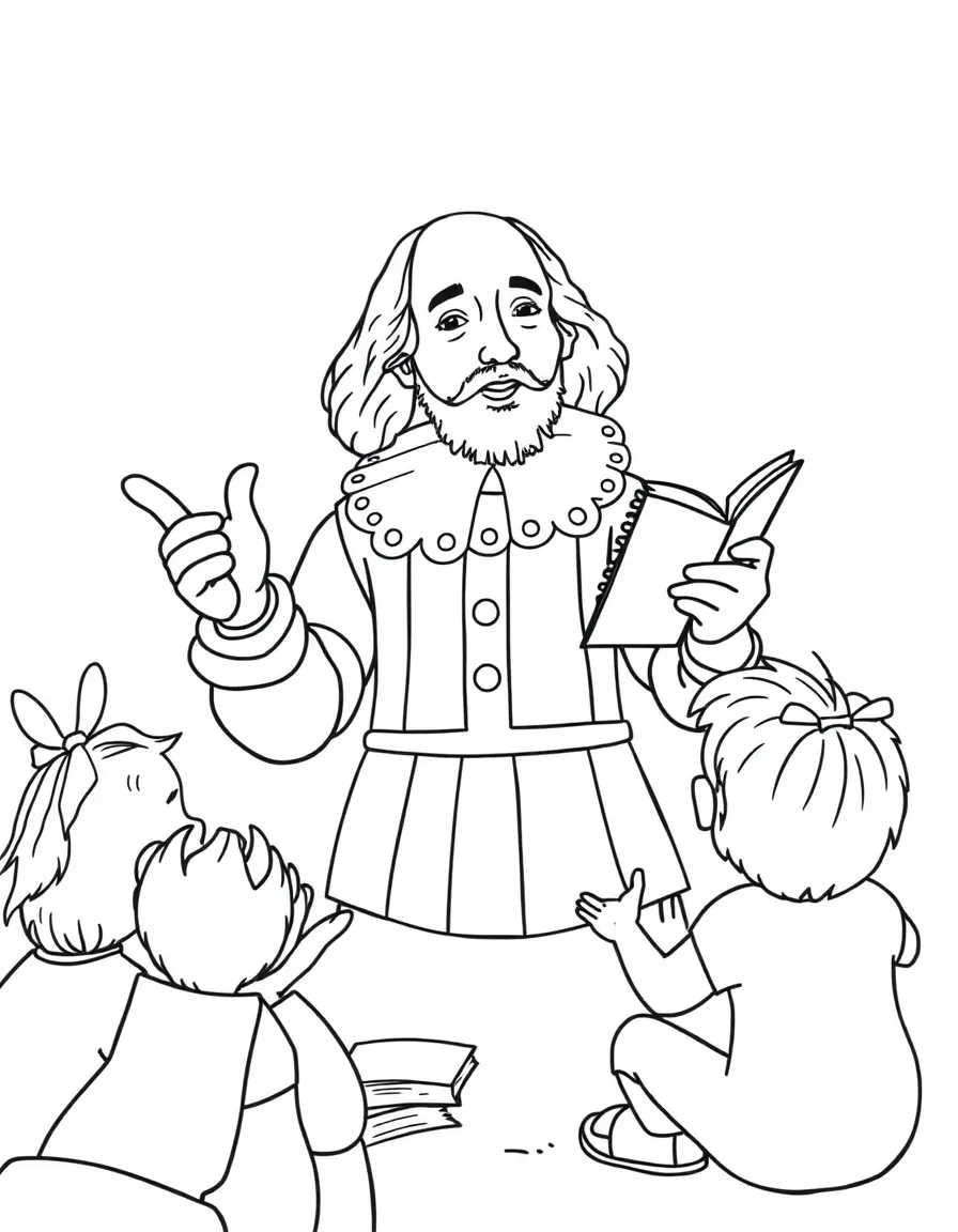 A fun coloring page of William Shakespeare giving a speech to children with books and peace signs around.