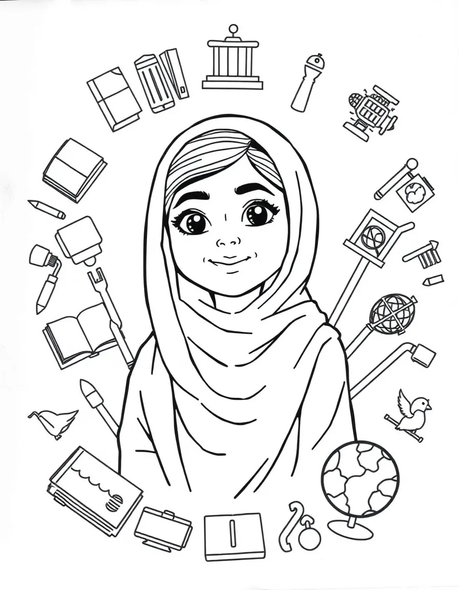 A cartoon-style drawing of Malala Yousafzai surrounded by symbols of their achievements, like books, tools, or globes.