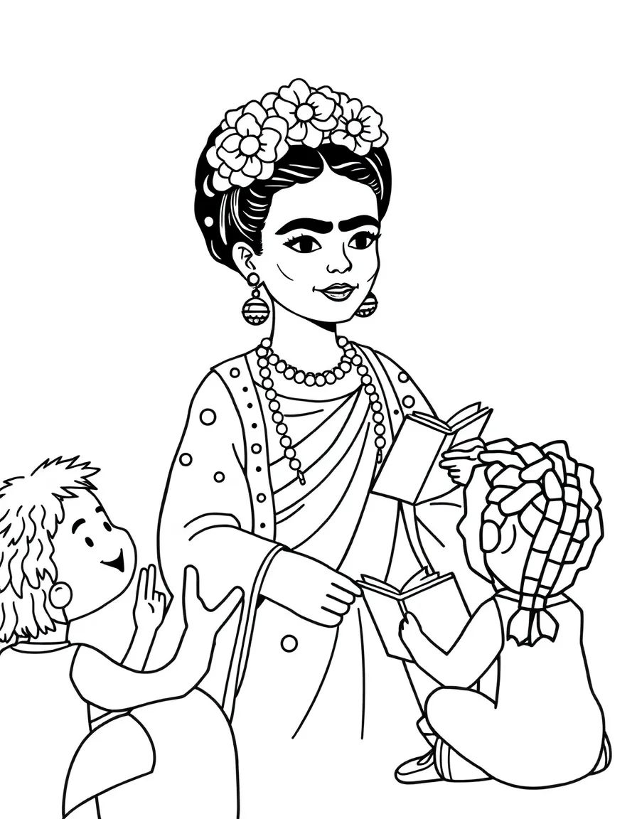 A fun coloring page of Frida Kahlo giving a speech to children with books and peace signs around.