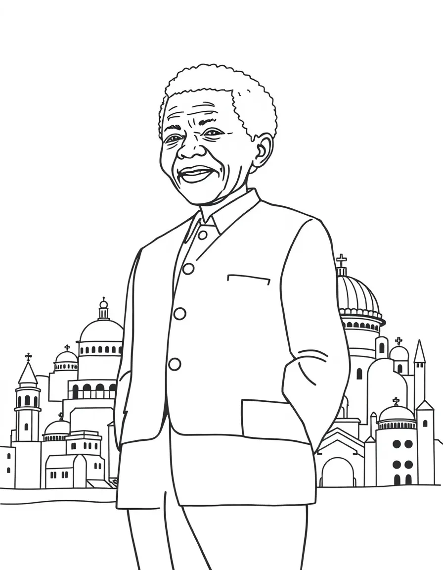 Nelson Mandela standing proudly with historical landmarks in the background, drawn with clear bold lines for coloring.