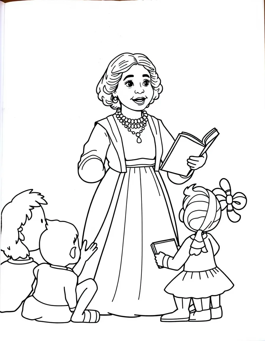 A fun coloring page of Susan B. Anthony giving a speech to children with books and peace signs around.