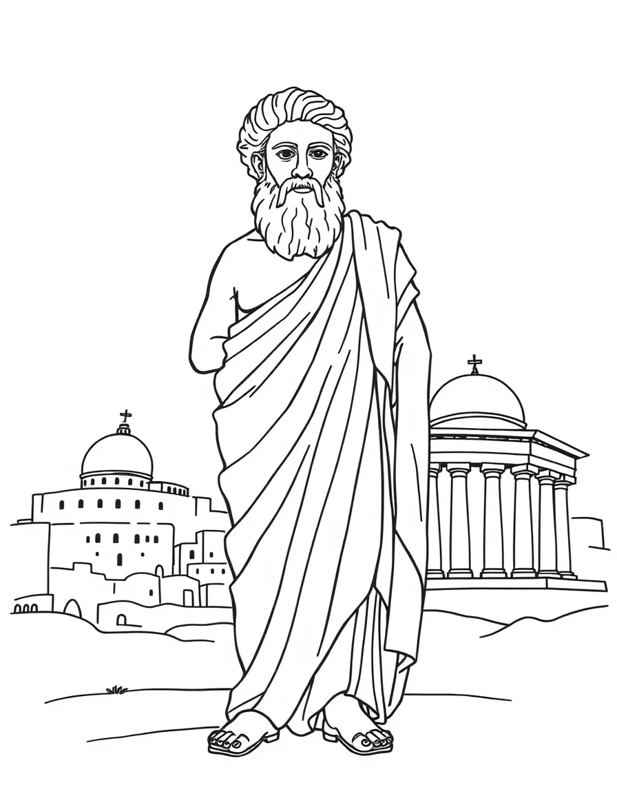Aristotle standing proudly with historical landmarks in the background, drawn with clear bold lines for coloring.
