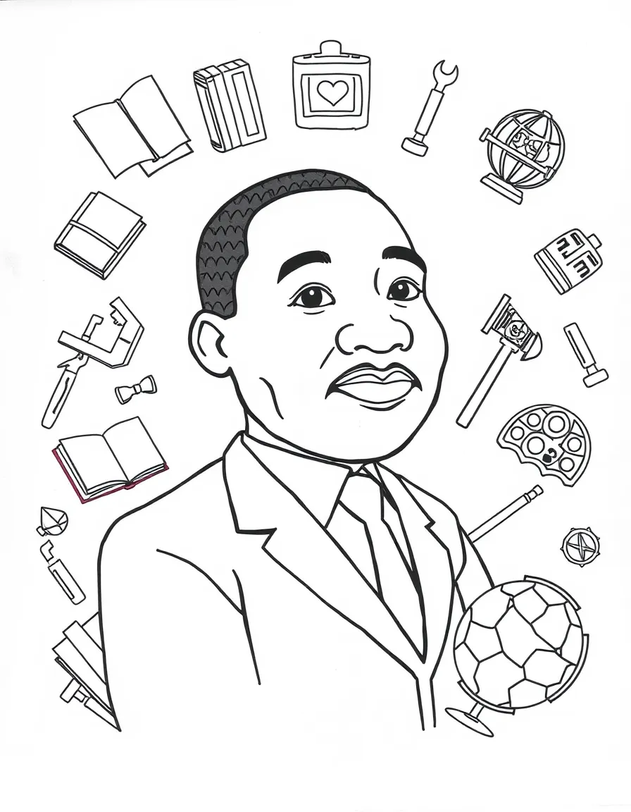 A cartoon-style drawing of Martin Luther King Jr. surrounded by symbols of their achievements, like books, tools, or globes.