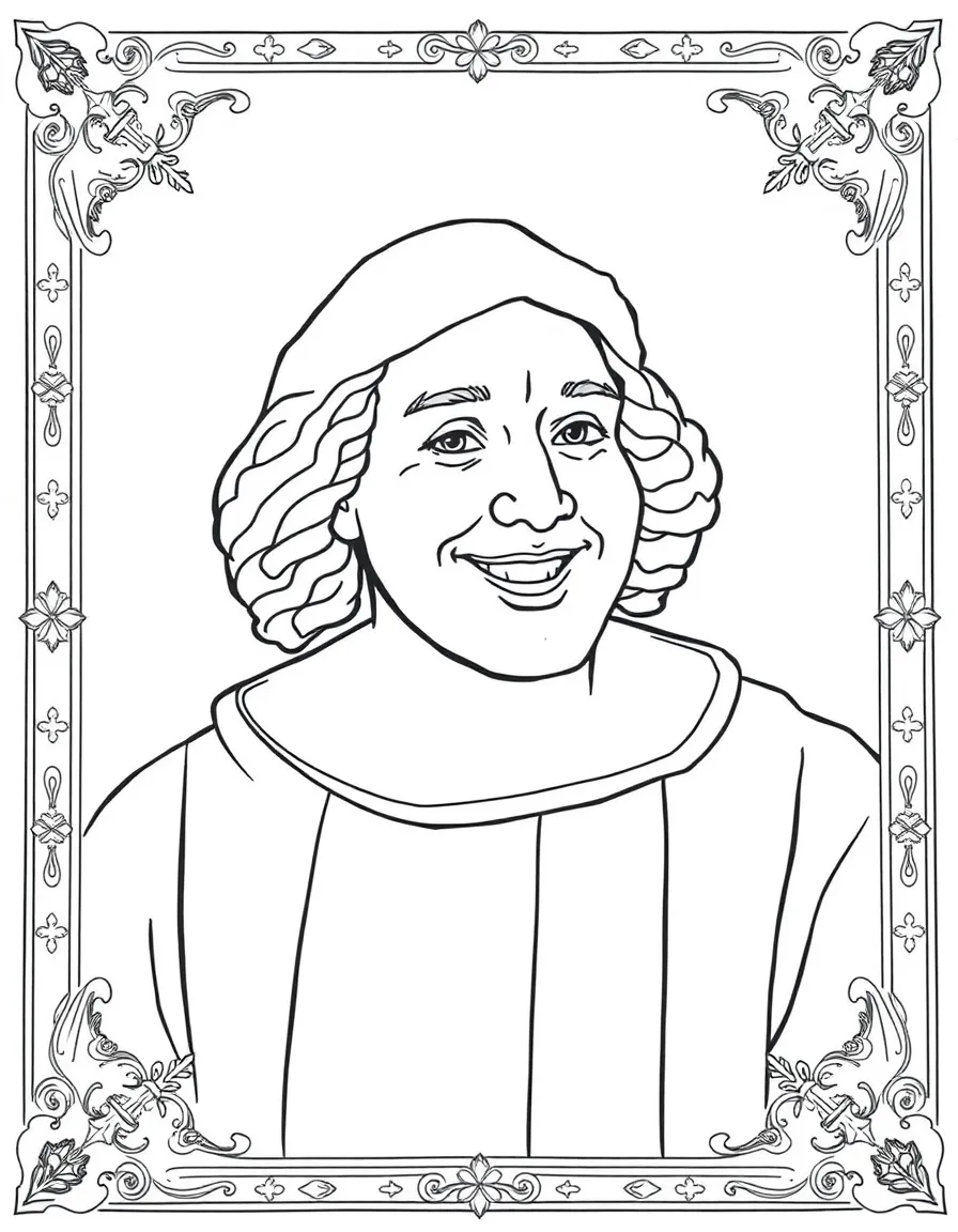 A portrait of Christopher Columbus with a big smile, framed with decorative borders and symbols of their time period.