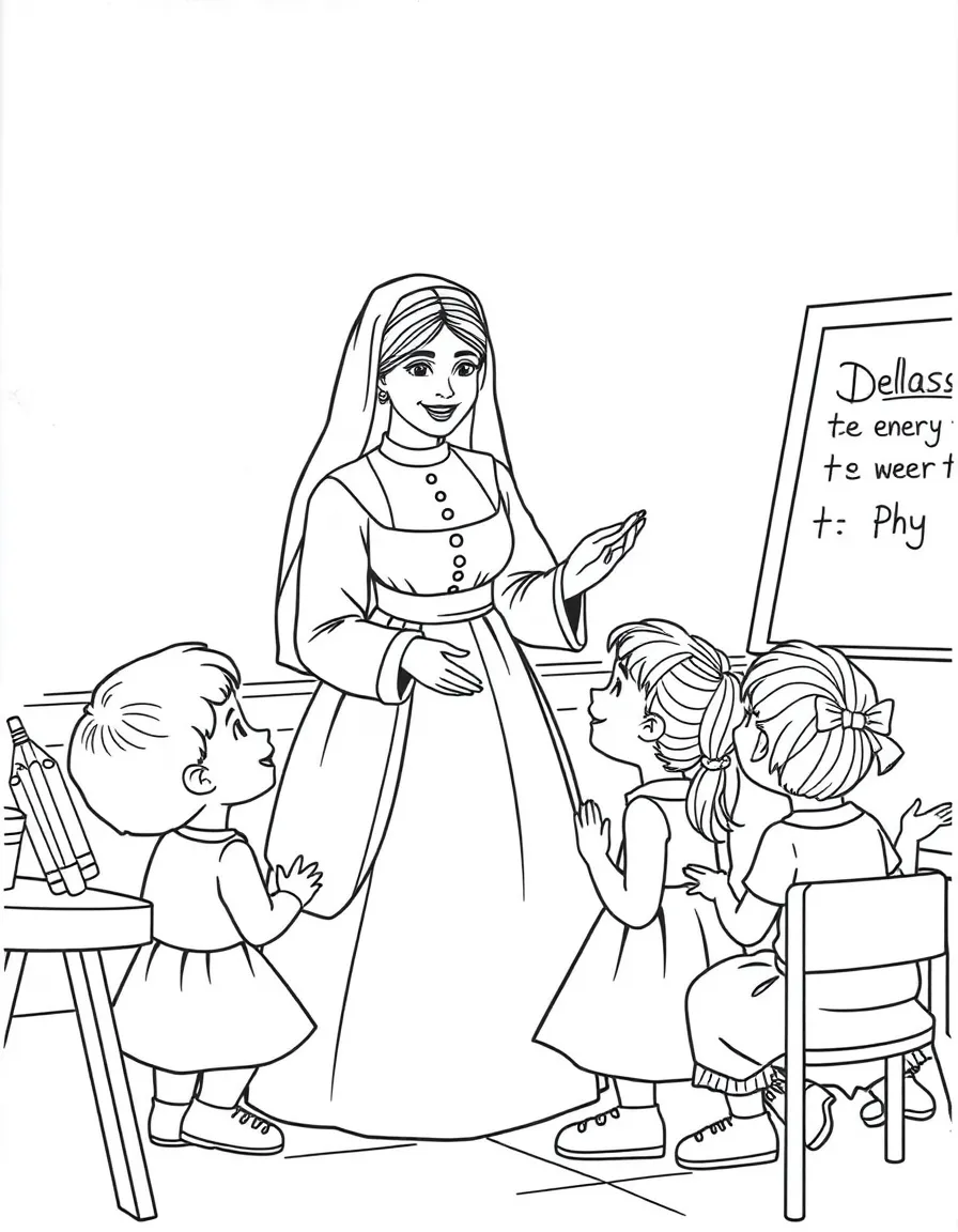 Florence Nightingale teaching children, with educational items like chalkboards and pencils, in a friendly classroom scene.