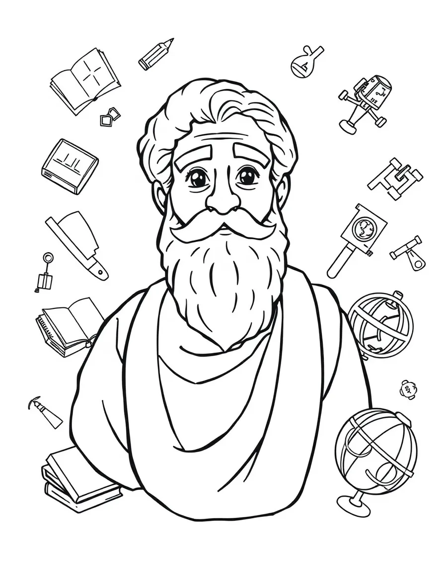 A cartoon-style drawing of Plato surrounded by symbols of their achievements, like books, tools, or globes.