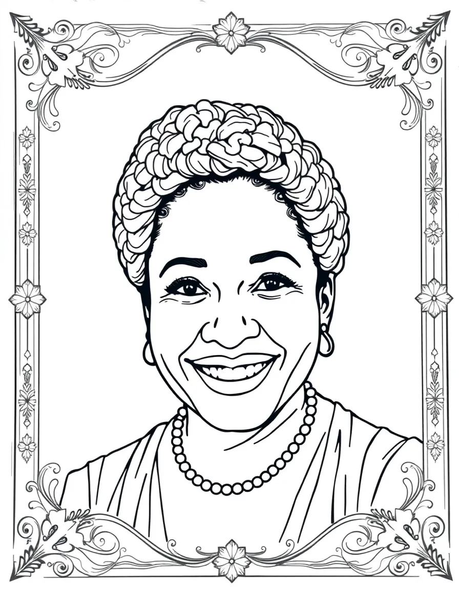 A portrait of Rosa Parks with a big smile, framed with decorative borders and symbols of their time period.