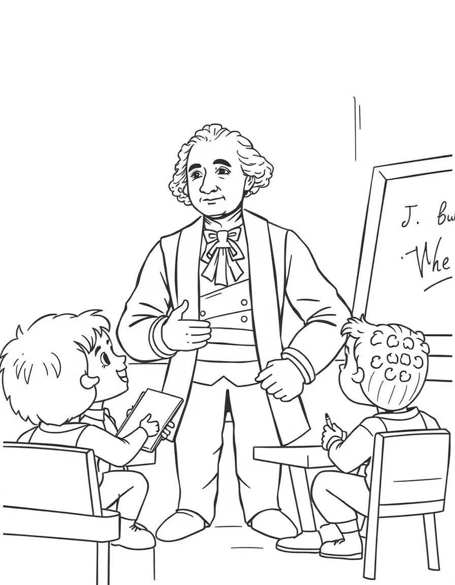 George Washington teaching children, with educational items like chalkboards and pencils, in a friendly classroom scene.