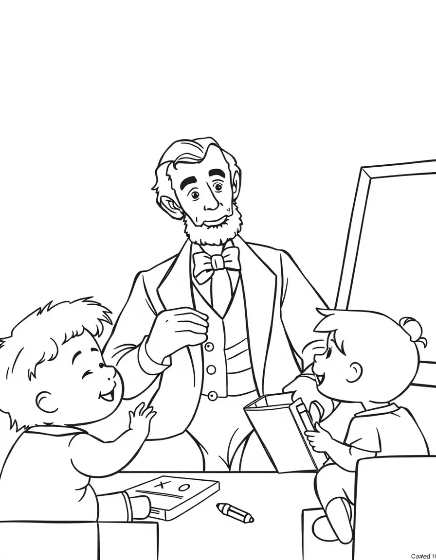 Abraham Lincoln teaching children, with educational items like chalkboards and pencils, in a friendly classroom scene.