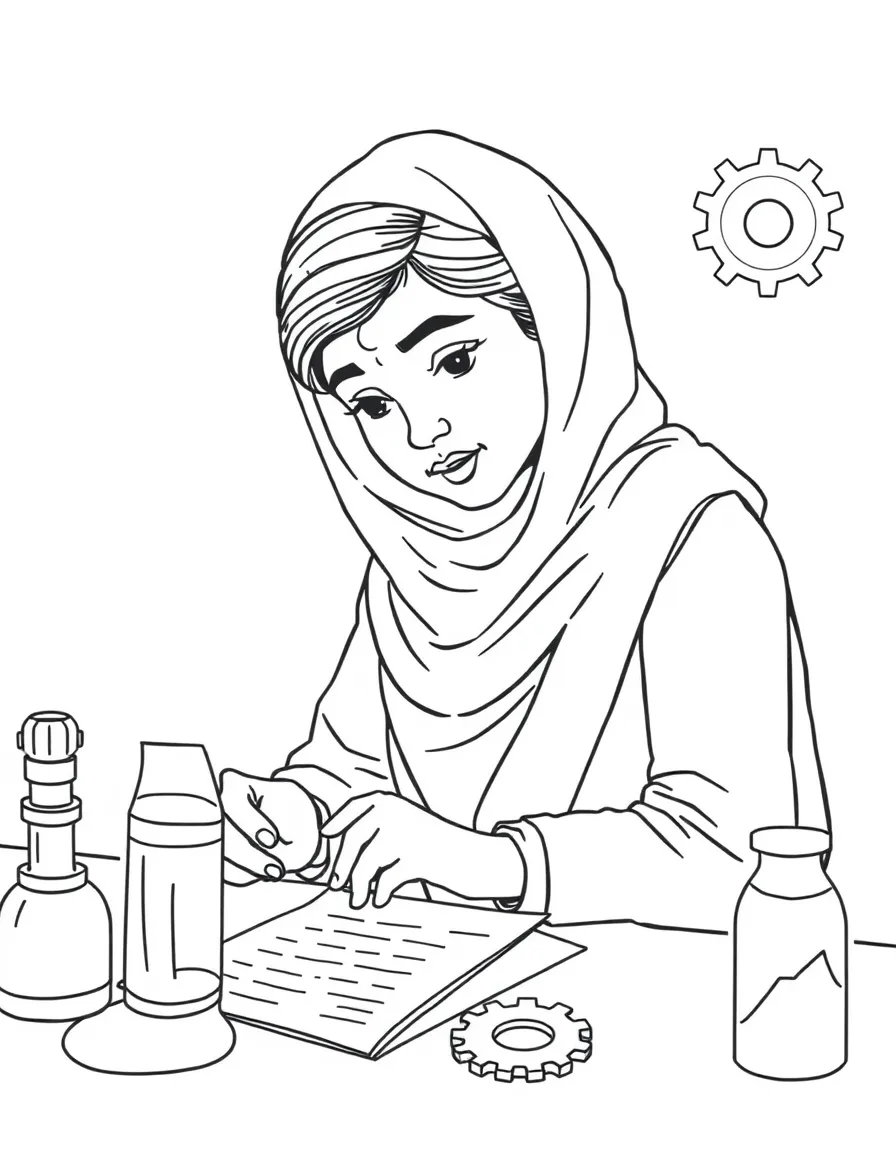 Malala Yousafzai working on their famous invention or idea, with gears, papers, or lab equipment drawn simply.