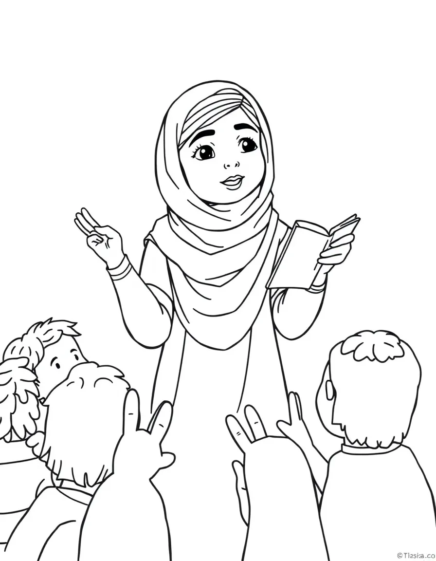 A fun coloring page of Malala Yousafzai giving a speech to children with books and peace signs around.