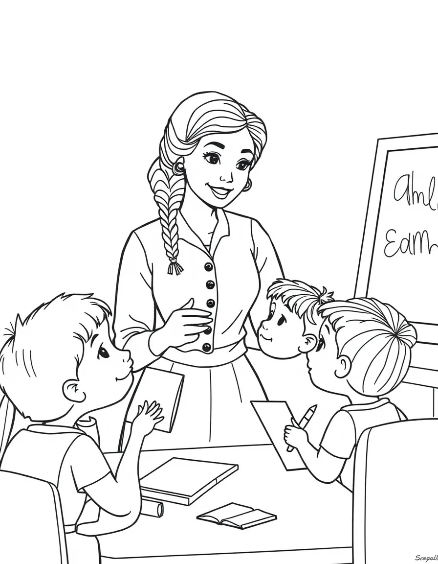 Amelia Earhart teaching children, with educational items like chalkboards and pencils, in a friendly classroom scene.