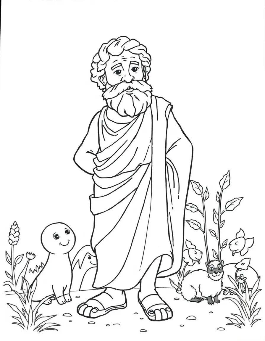 A playful scene showing Aristotle in a historical outfit with animals, plants, or kids nearby.