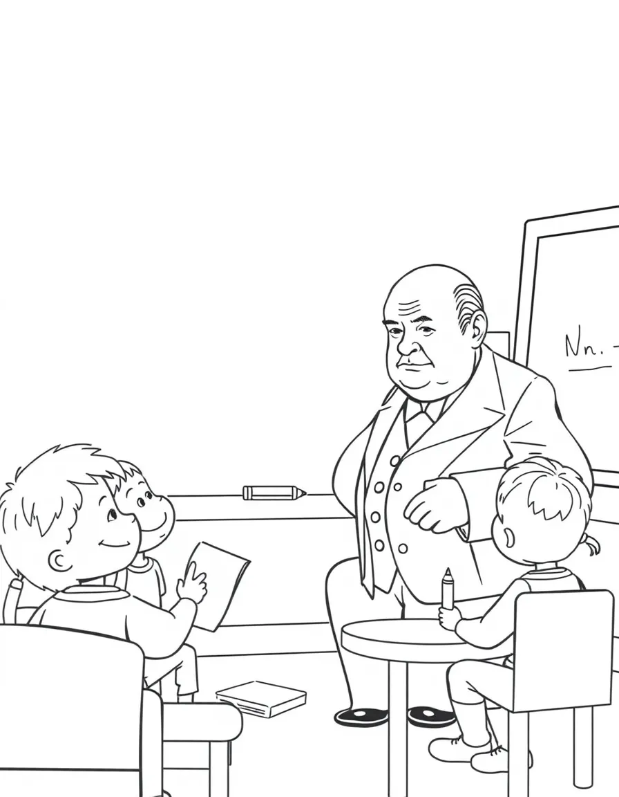 Winston Churchill teaching children, with educational items like chalkboards and pencils, in a friendly classroom scene.