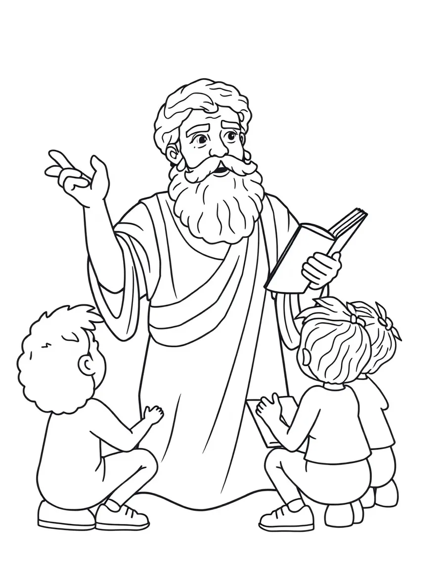 A fun coloring page of Socrates giving a speech to children with books and peace signs around.